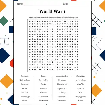 World War 1 Word Search Puzzle Worksheet Activity PDF thumbnail 1